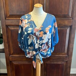 Blue and Orange Tie Front Blouse with Kimono Sleeves